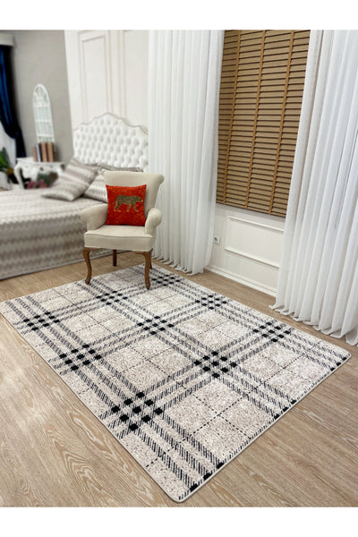Plaid Pattern Latex Backing Rug - Beige