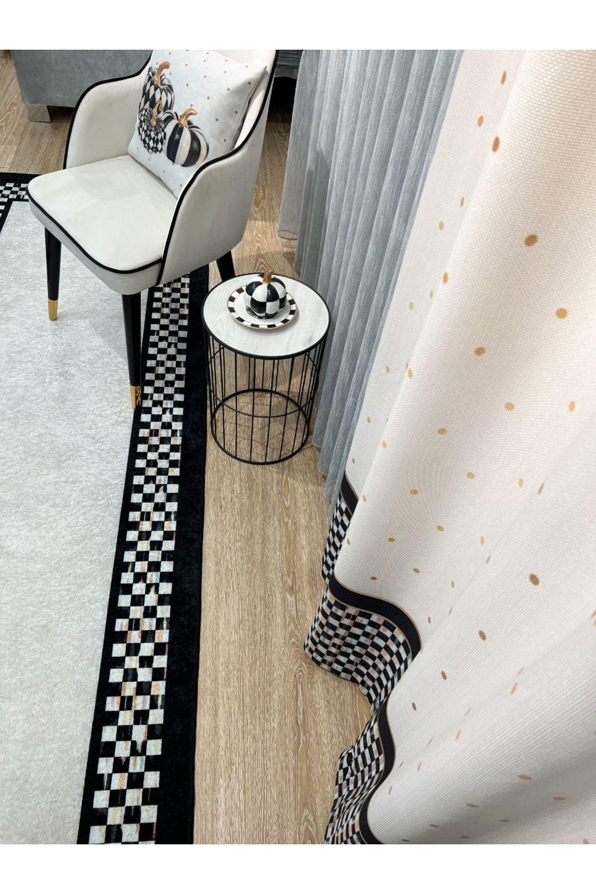 No-Pleat Extra-Reinforced Checkered Blackout Curtain - Beige-Black