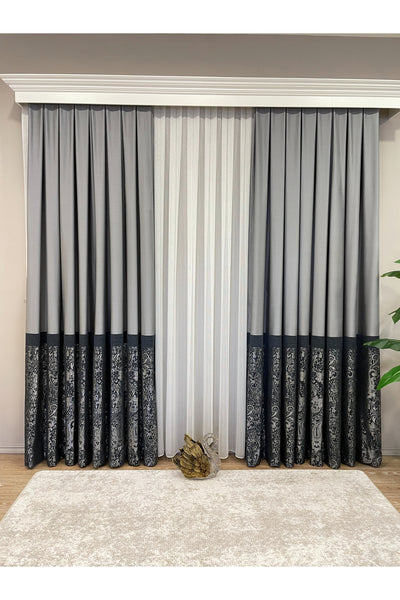 Gray Shawl Pattern 1/3 TIGHT PLEAT Jacquard Woven Blackout Curtain