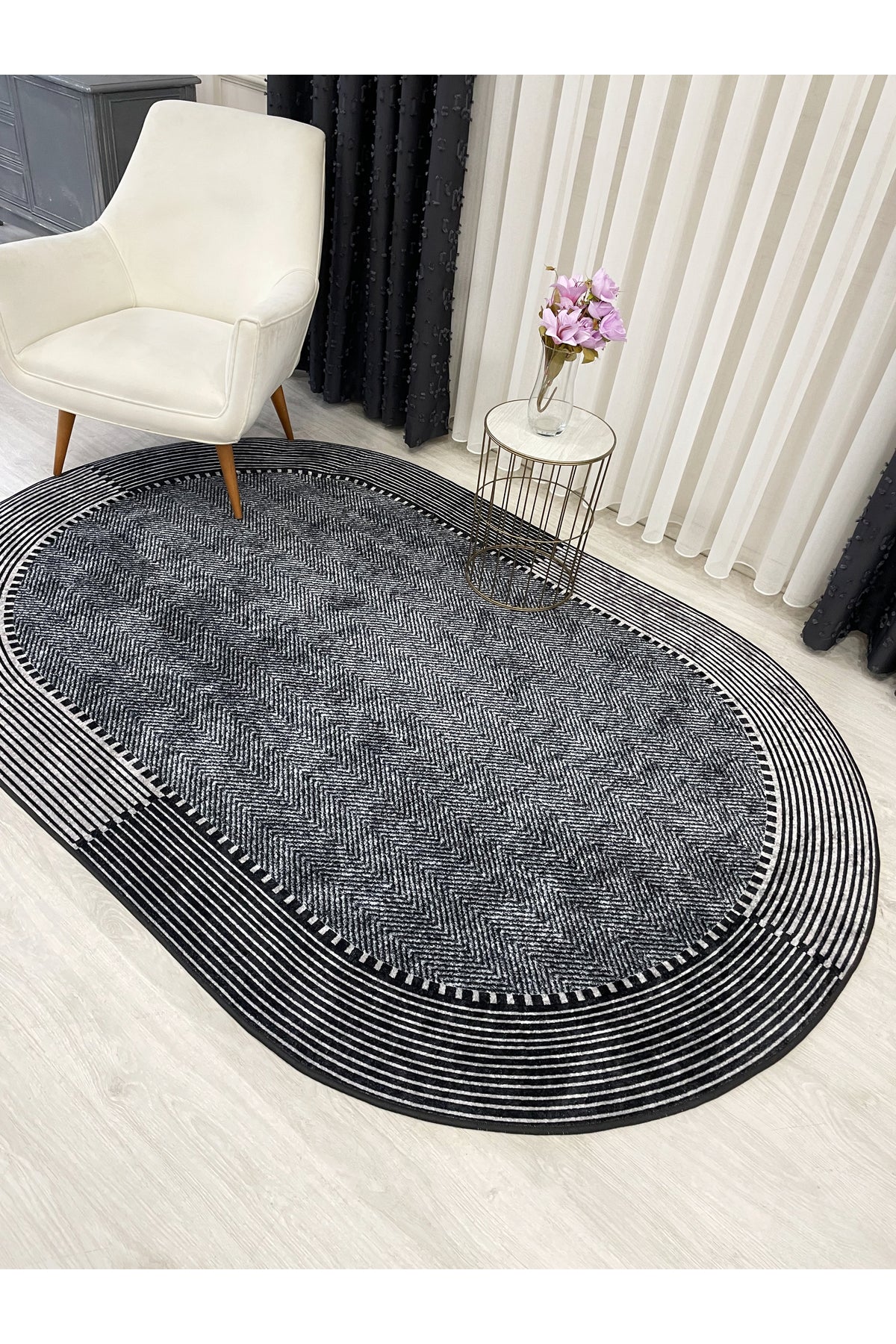 GRAY-NAVY Jute Sisal Look Non-Slip Base Rug