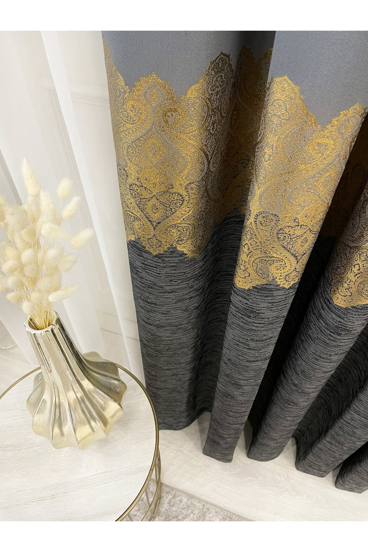 Brown Gold - Damask Patterned 1/3 Dense Pleated Blackout Curtain