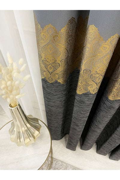Brown Gold - Damask Patterned 1/3 Dense Pleated Blackout Curtain