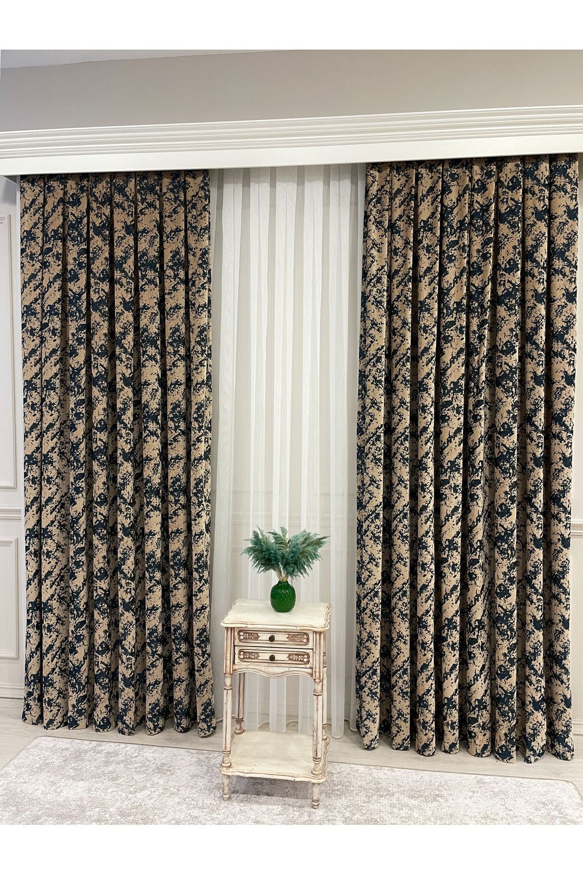 Brown-Navy Blue Chenille Pattern Jacquard 1/3 Dense Pleated Jacquard Blackout Curtain