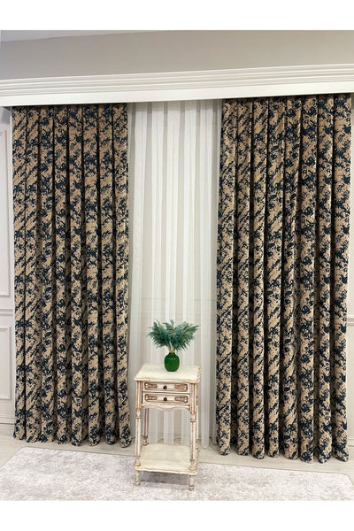 Brown-Navy Blue Chenille Pattern Jacquard 1/3 Dense Pleated Jacquard Blackout Curtain