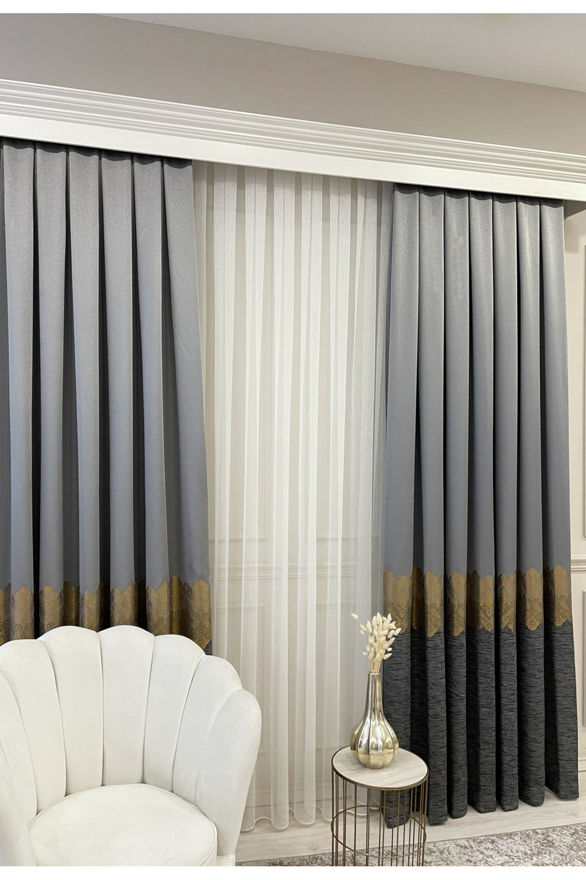 Brown Gold - Damask Patterned 1/3 Dense Pleated Blackout Curtain