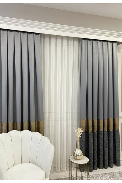 Brown Gold - Damask Patterned 1/3 Dense Pleated Blackout Curtain