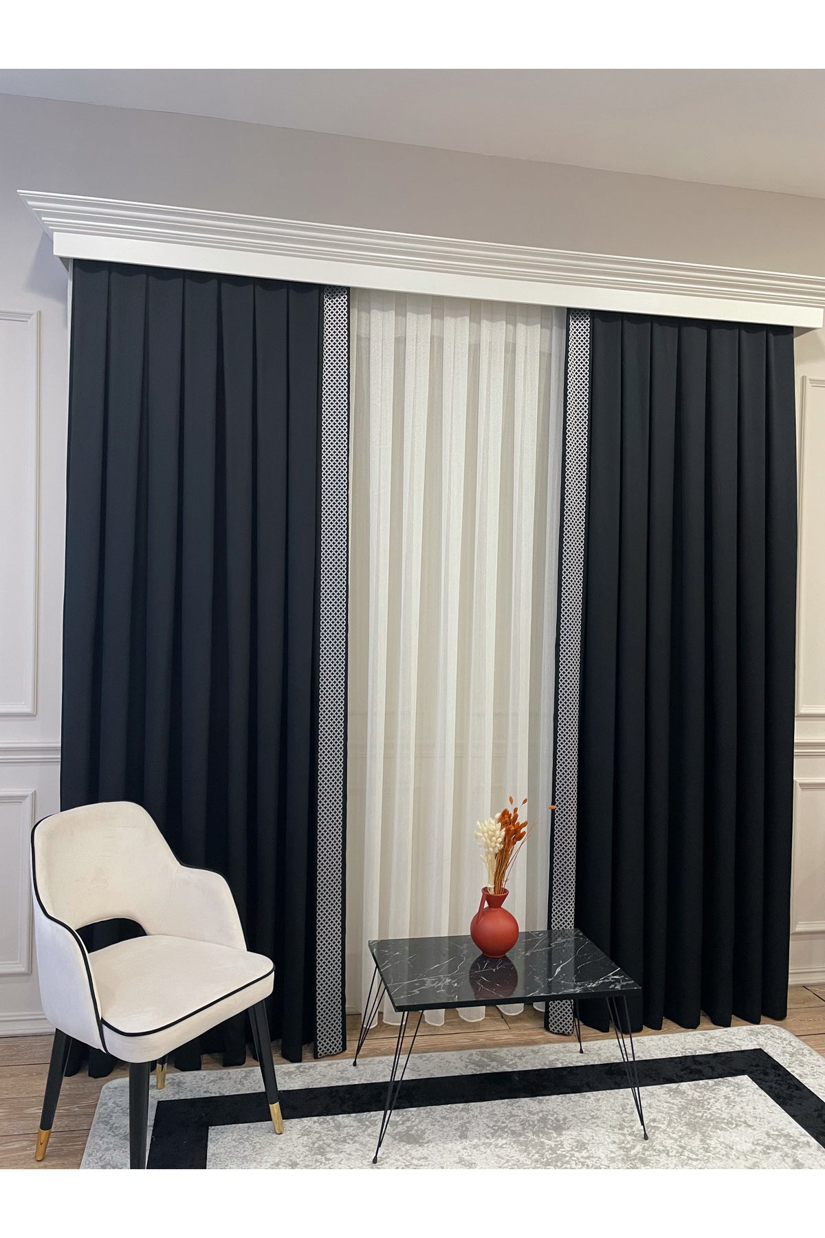 Panel Pattern Jacquard 1/3 Dense Pleat Blackout Curtain - Anthracite Gray - Gold Border