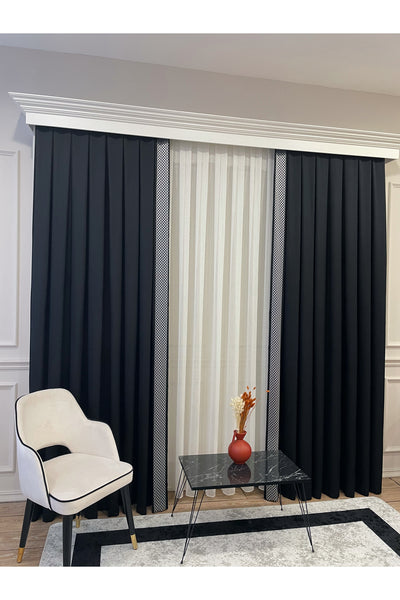 Panel Pattern Jacquard 1/3 Dense Pleat Blackout Curtain - Anthracite Gray - Gold Border