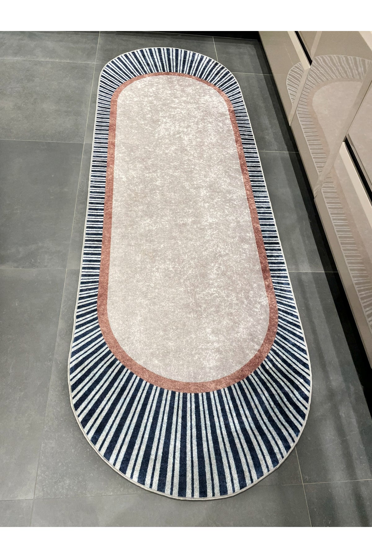 BEIGE-NAVY Striped Oval Non-Slip Base Rug
