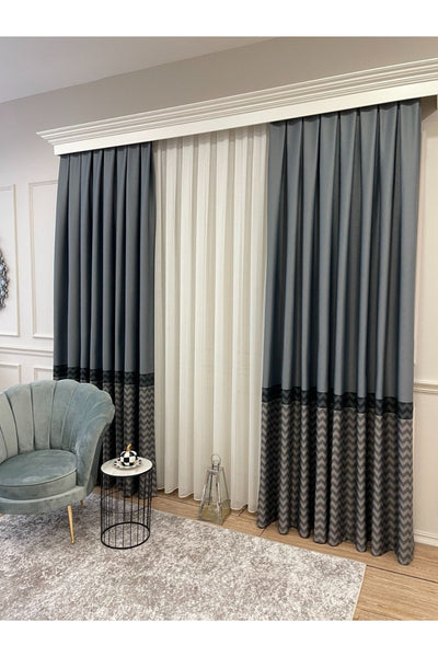 Jacquard 1/3 Dense Pleat Zigzag Striped Panel Print Blackout Curtain - Beige - Brown