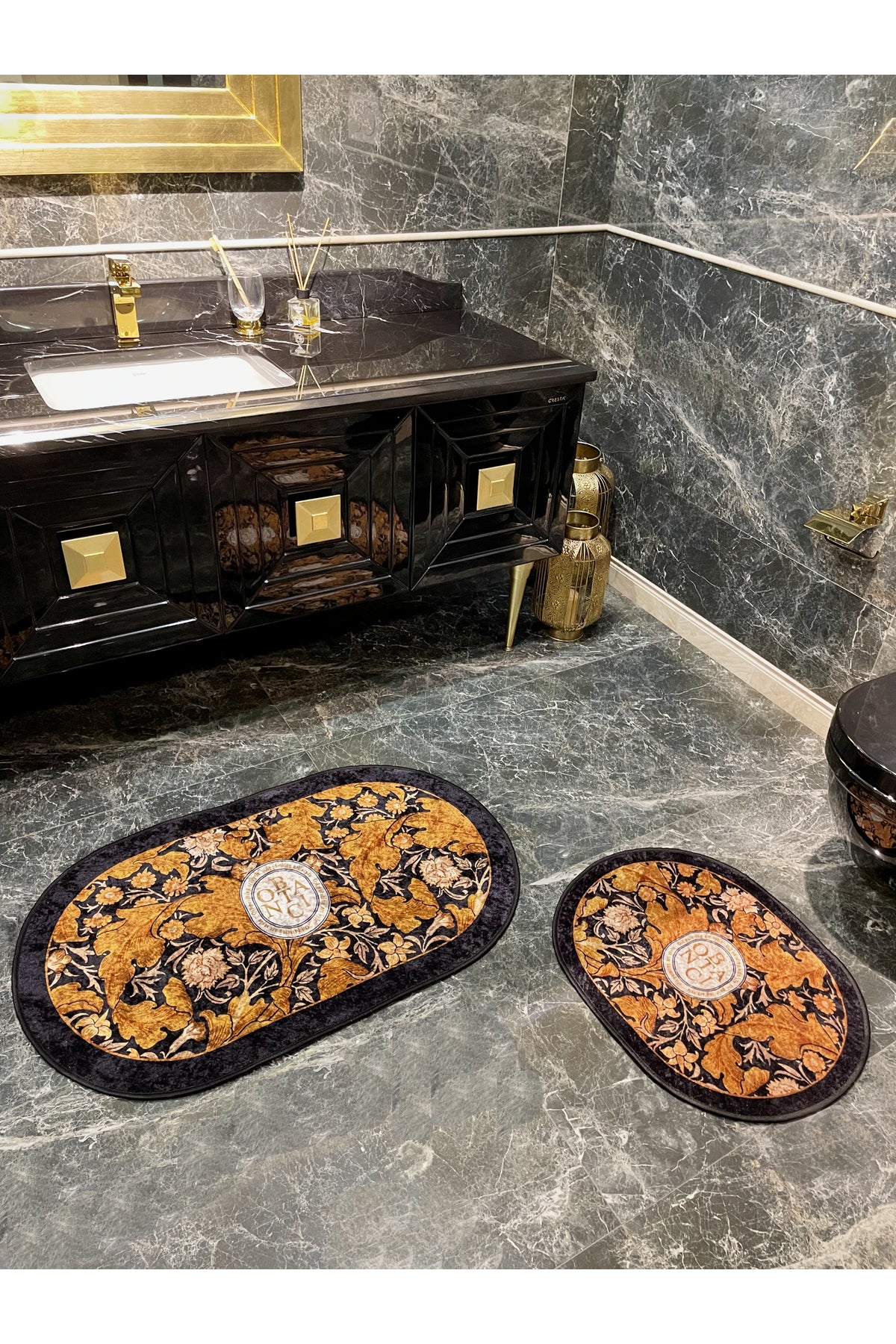 2 li Çiçek Desenli 60x100 - 60x50 Botanic Lateks Taban Banyo Paspas