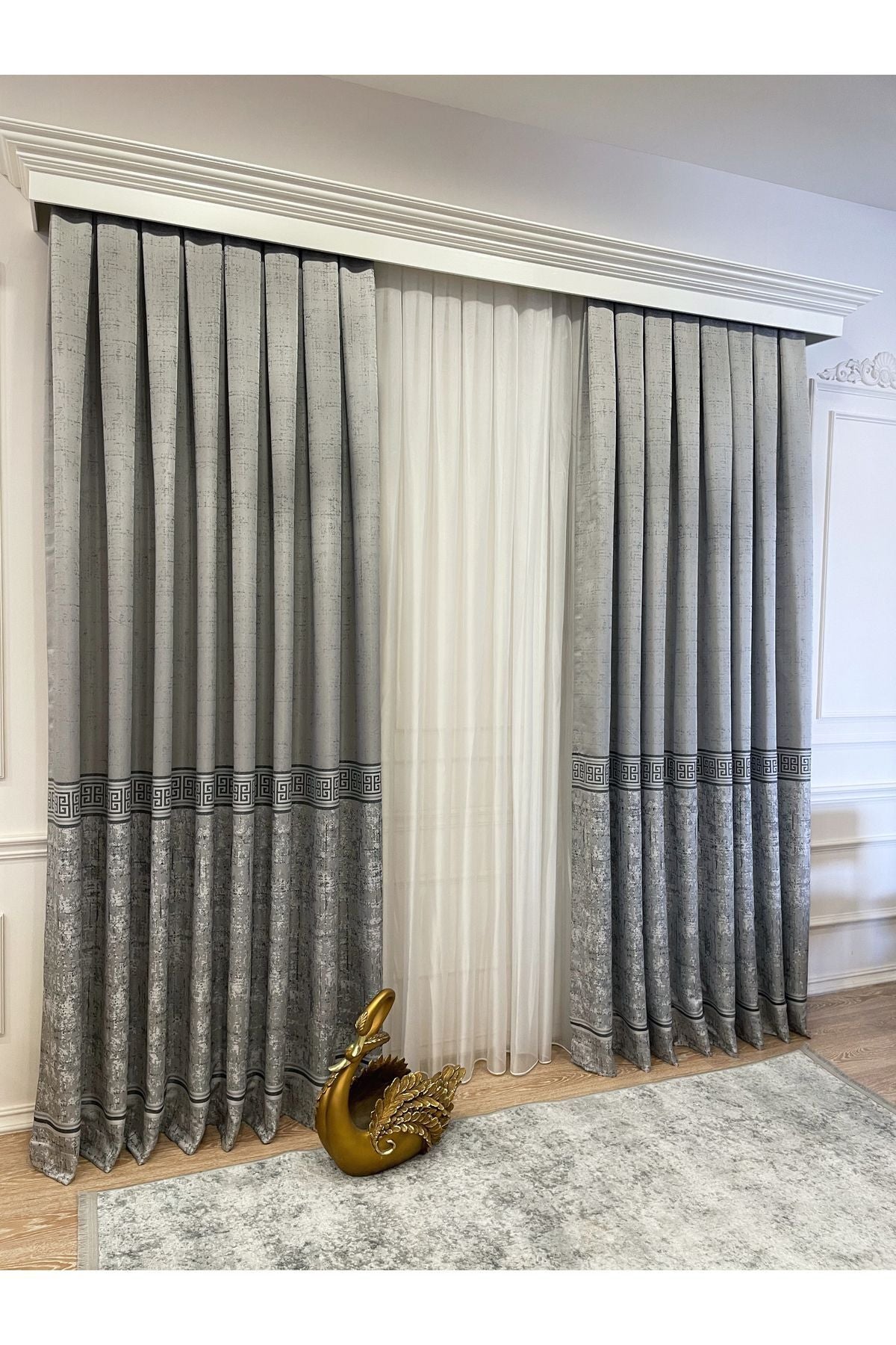 Gray Anthracite Bordered Pattern 1/3 Tight Pleat Jacquard Woven Blackout Curtain