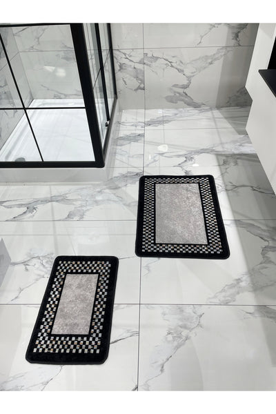 Melany Checkered 2-Piece Latex Base Bathroom Mat Set (60x80 - 60x40) Gray-Black