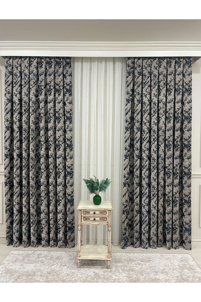 Brown-Navy Blue Chenille Pattern Jacquard 1/3 Dense Pleated Jacquard Blackout Curtain
