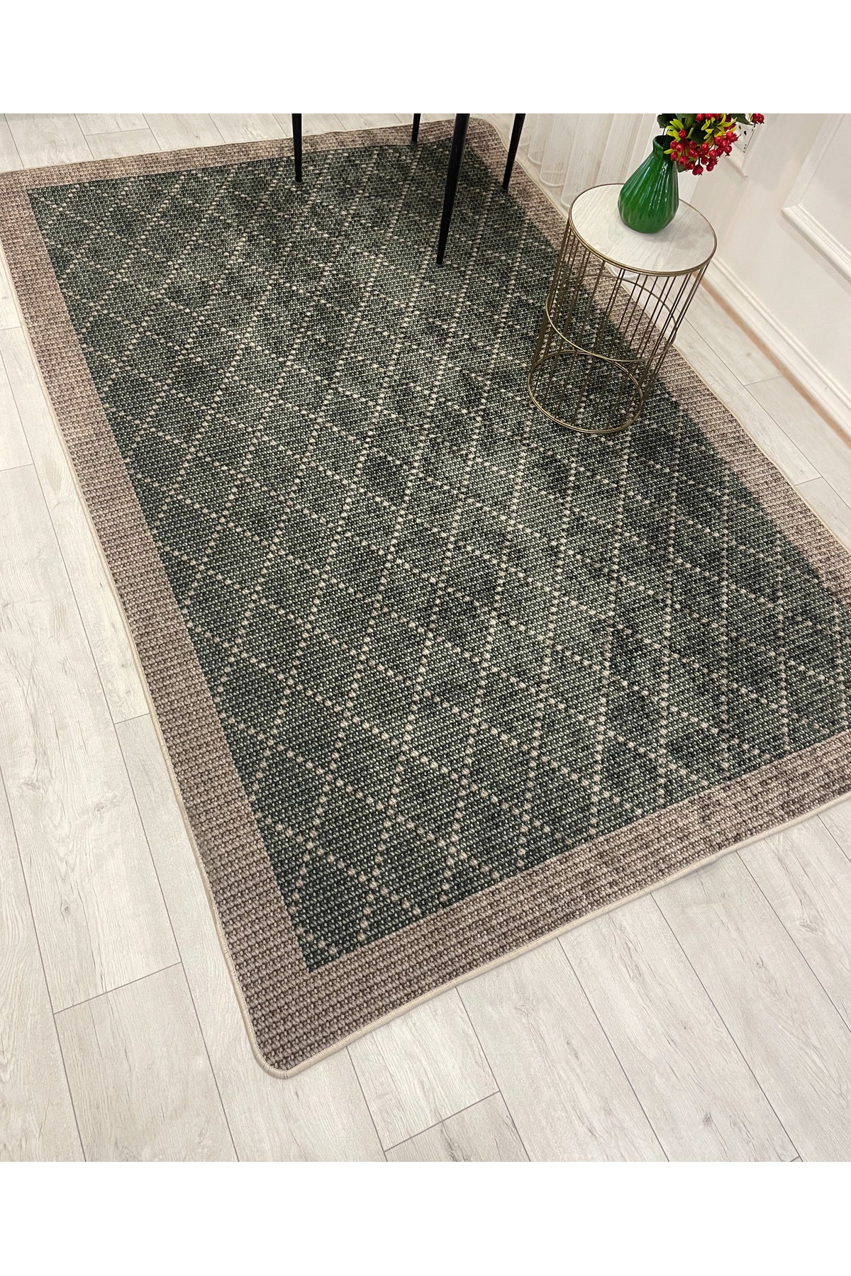 GREEN-BROWN Jute Sisal Look Bordered Non-Slip Base Runner Rug