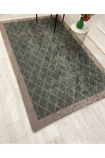 GREEN-BROWN Jute Sisal Look Bordered Non-Slip Base Runner Rug