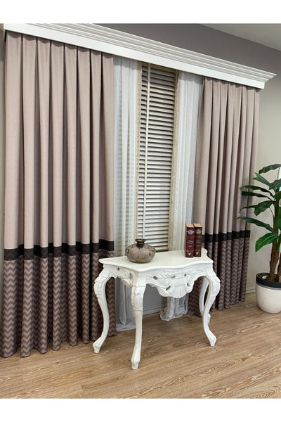 Jacquard 1/3 Dense Pleat Zigzag Striped Panel Print Blackout Curtain - Beige - Brown
