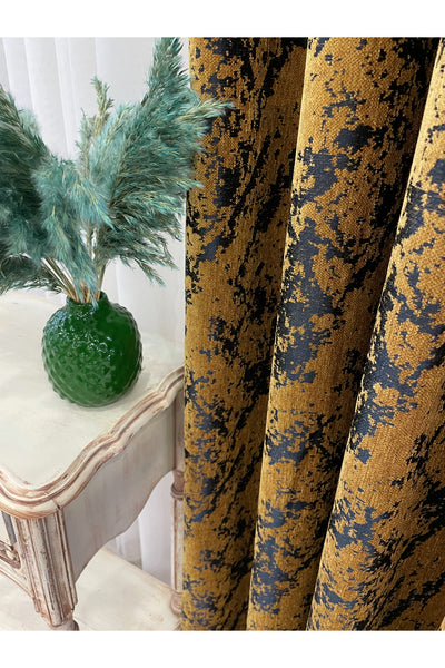 Brown-Navy Blue Chenille Pattern Jacquard 1/3 Dense Pleated Jacquard Blackout Curtain