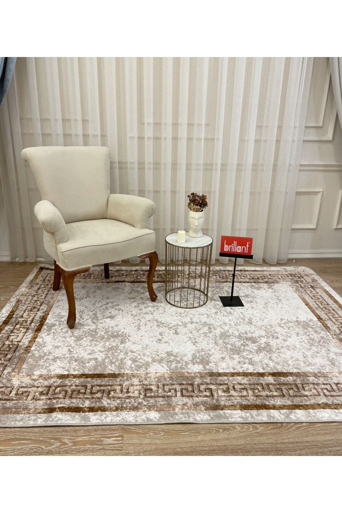 Classic Striped Pattern Latex Leather Base Fringeless Living Room Rug - Beige