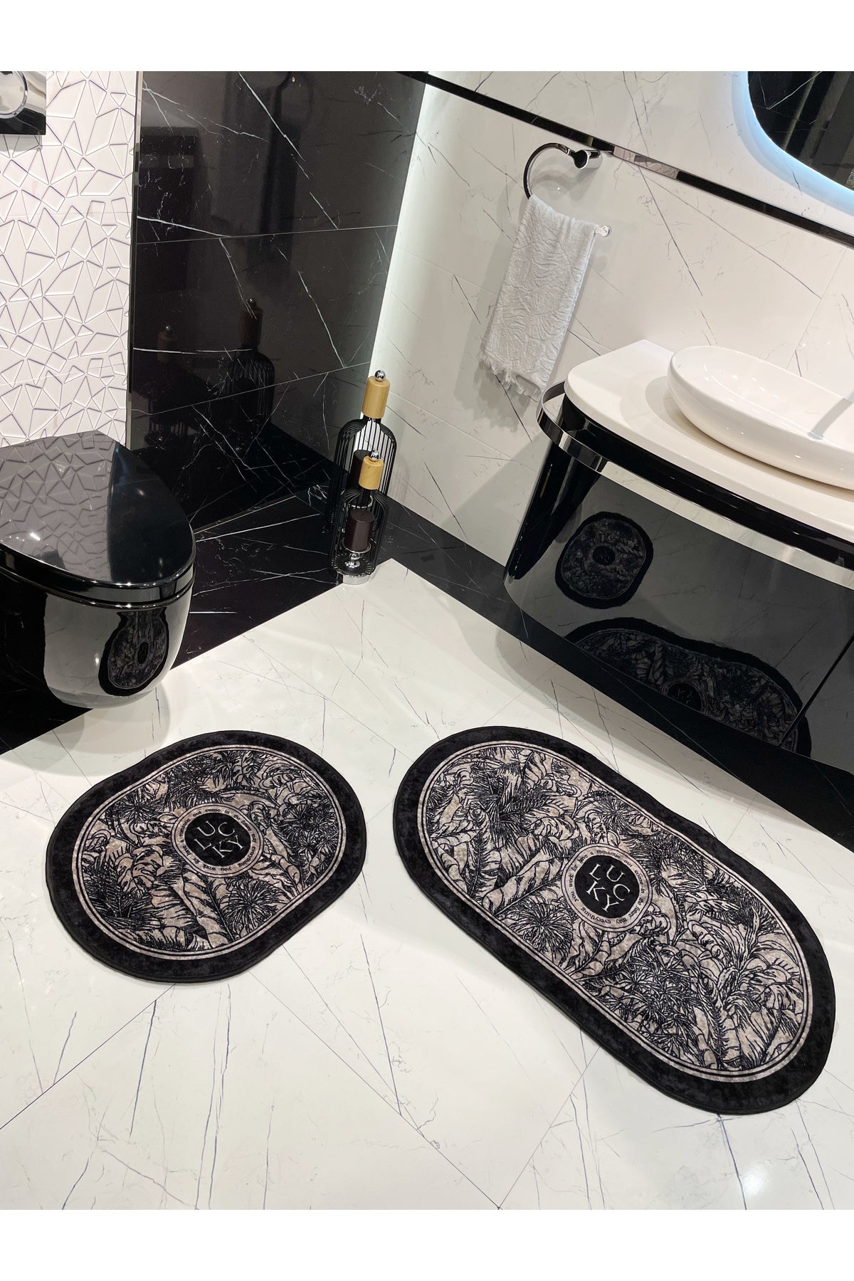 2-Piece Floral Pattern 60x100 - 60x50 Lucky Latex-Backed Bath Mat Set