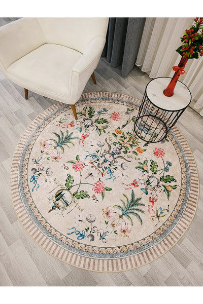 Beige Floral Bird Patterned Latex Leather Base Round Rug