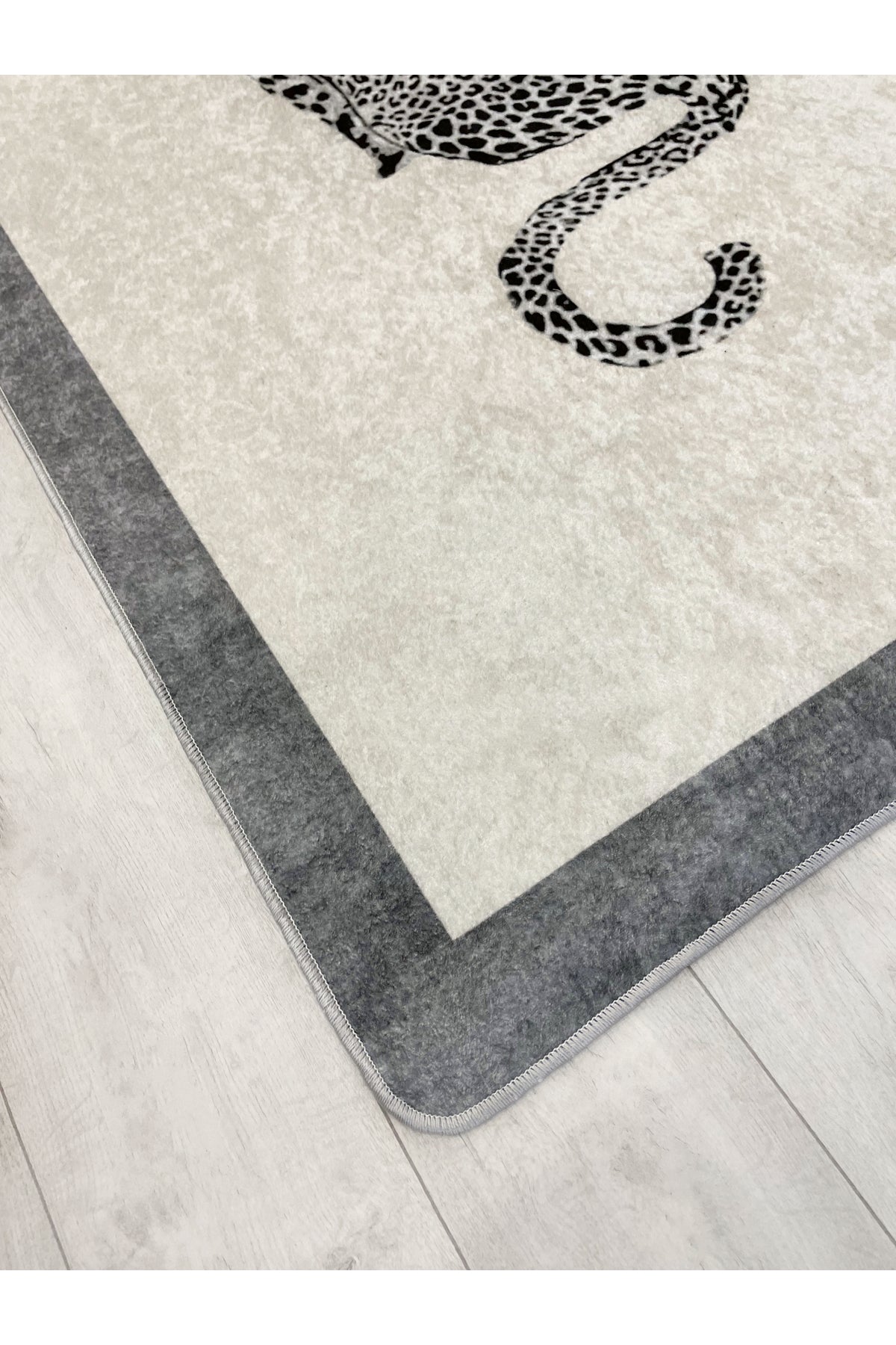 Leopard Pattern Cream Gray Border Latex Leather Base Rug