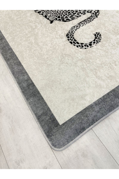 Leopard Pattern Cream Gray Border Latex Leather Base Rug