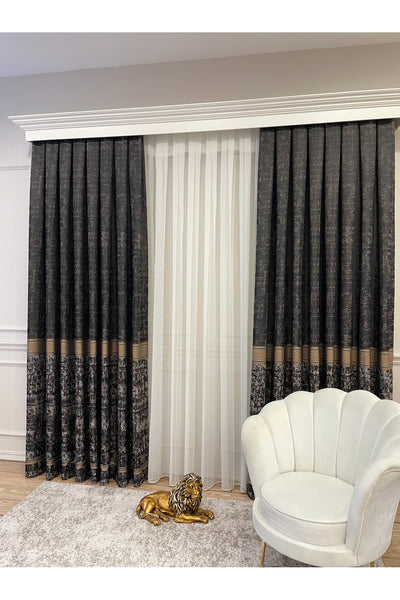 Gray Anthracite Bordered Pattern 1/3 Tight Pleat Jacquard Woven Blackout Curtain