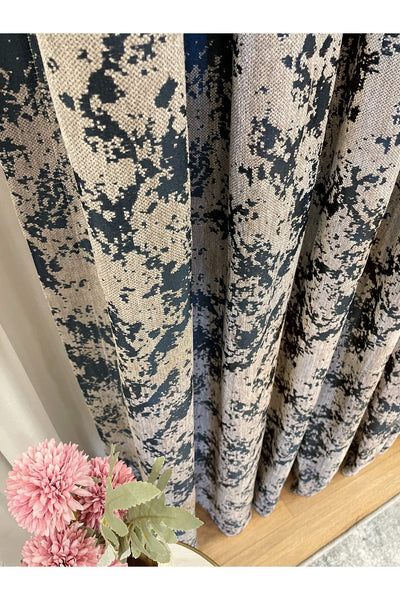 Brown-Navy Blue Chenille Pattern Jacquard 1/3 Dense Pleated Jacquard Blackout Curtain
