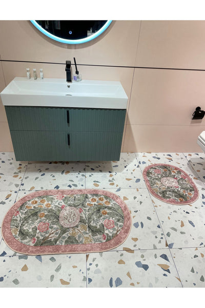 2 li Çiçek Desenli 60x100 - 60x50 Botanic Lateks Taban Banyo Paspas