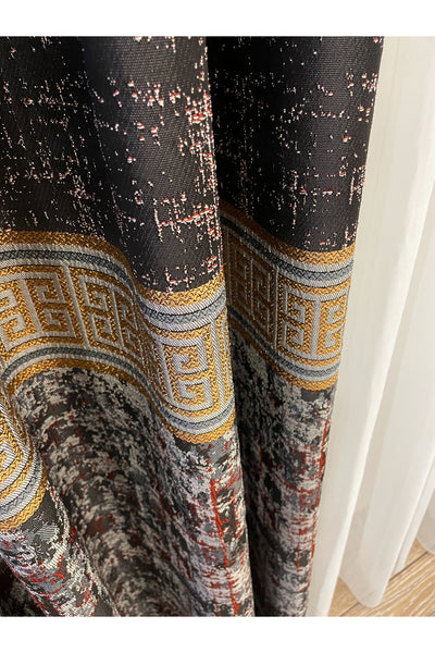Gray Anthracite Bordered Pattern 1/3 Tight Pleat Jacquard Woven Blackout Curtain