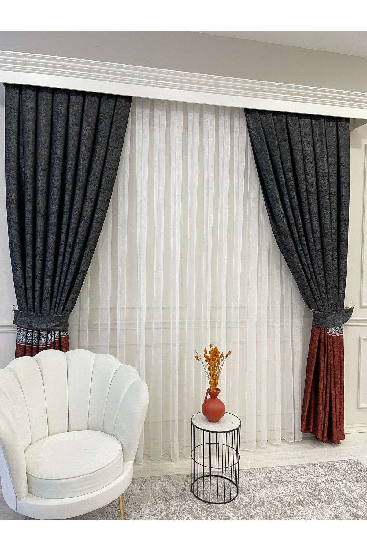 Brown 1/3 Dense Pleated Bordered Pattern Soft-Textured Jacquard Blackout Curtain