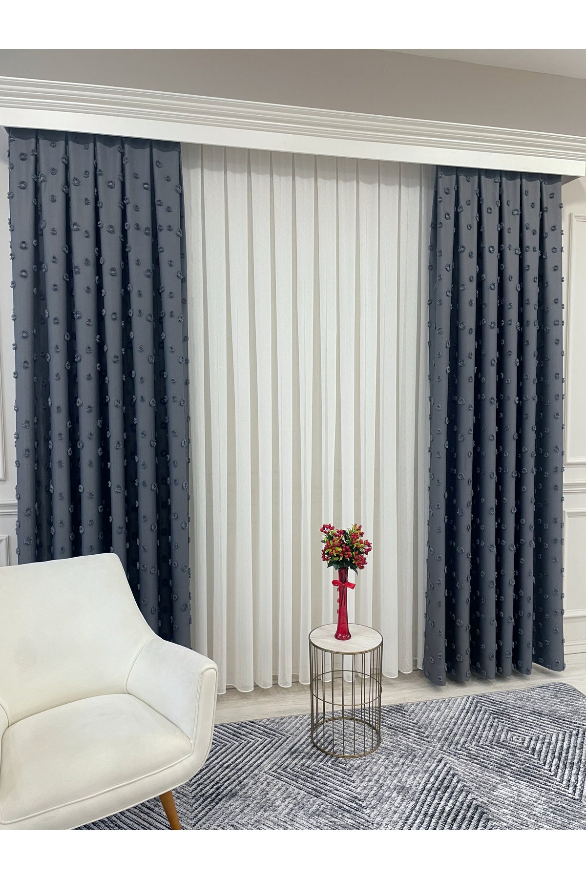 Blue Children's Room Pompom Puffy Blackout Curtain 1/3 Dense Pleating