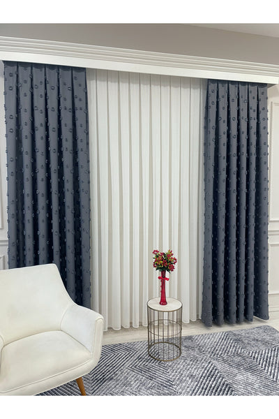 Blue Children's Room Pompom Puffy Blackout Curtain 1/3 Dense Pleating