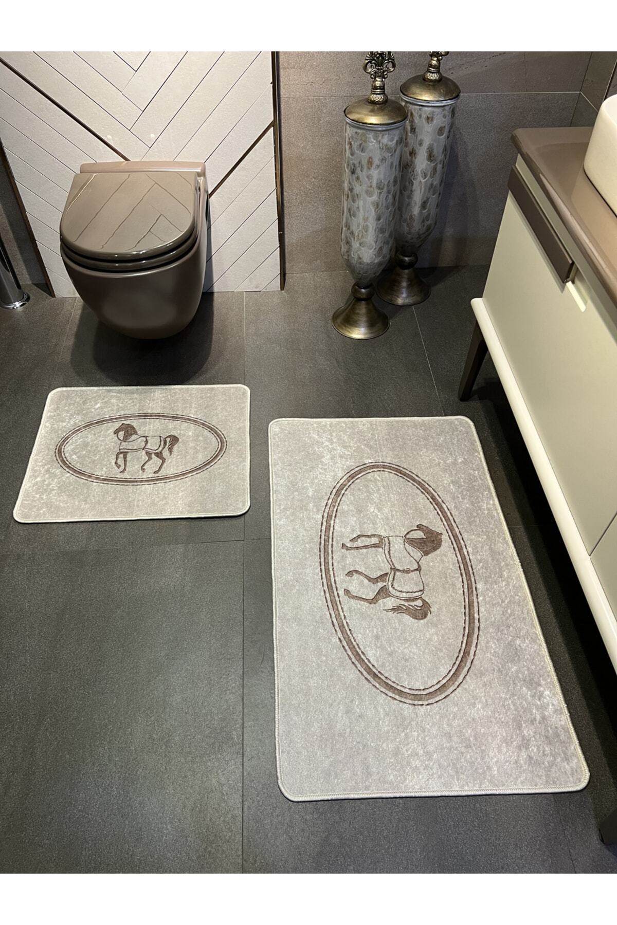 Black Horse Pattern 2-Piece Leather Base Bathroom Mat Set (60x100 - 60x50)