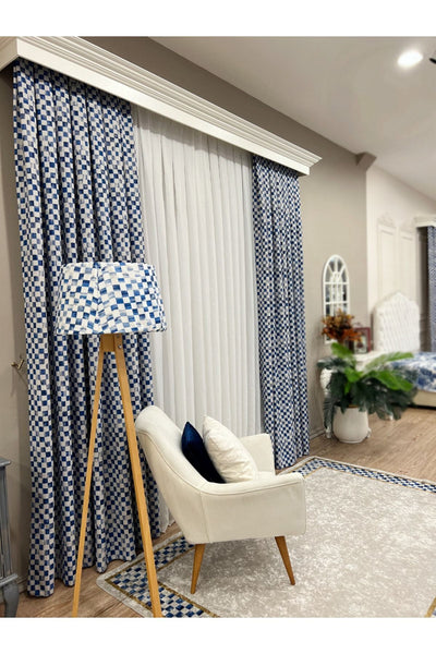 1/3 Dense Pleated Checkered Curtain Panel - Blue