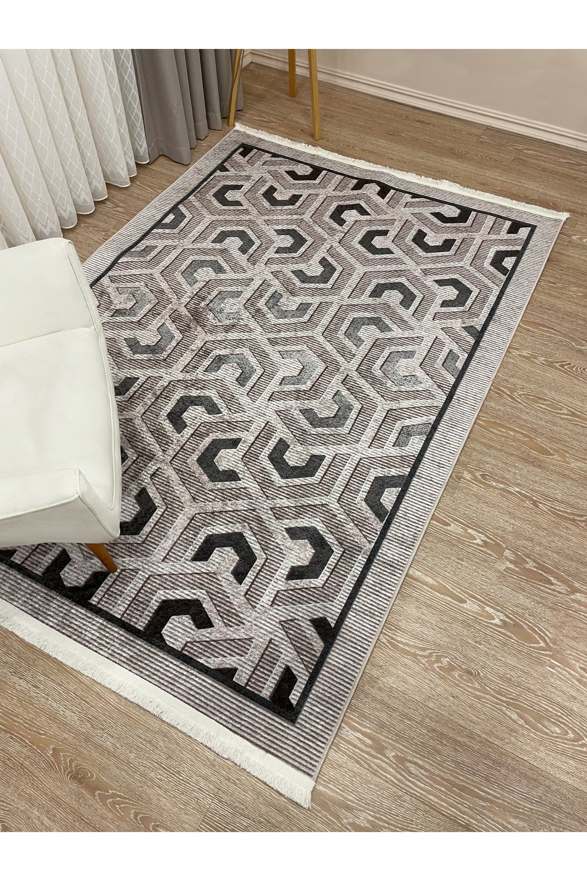 Brown Grey Embossed Look Latex Leather Base Rug