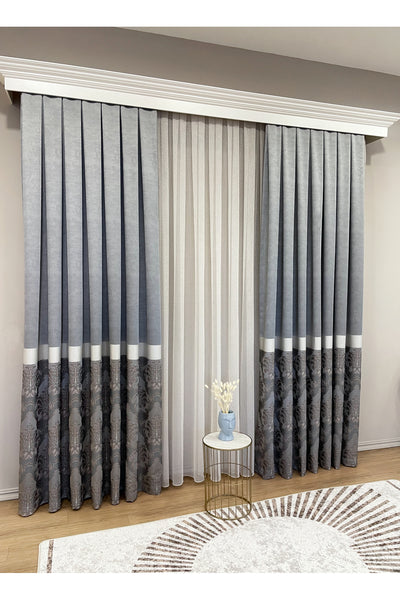 Gray Brown Damask Pattern Jacquard 1/3 Tight Pleat Jacquard Blackout Curtain
