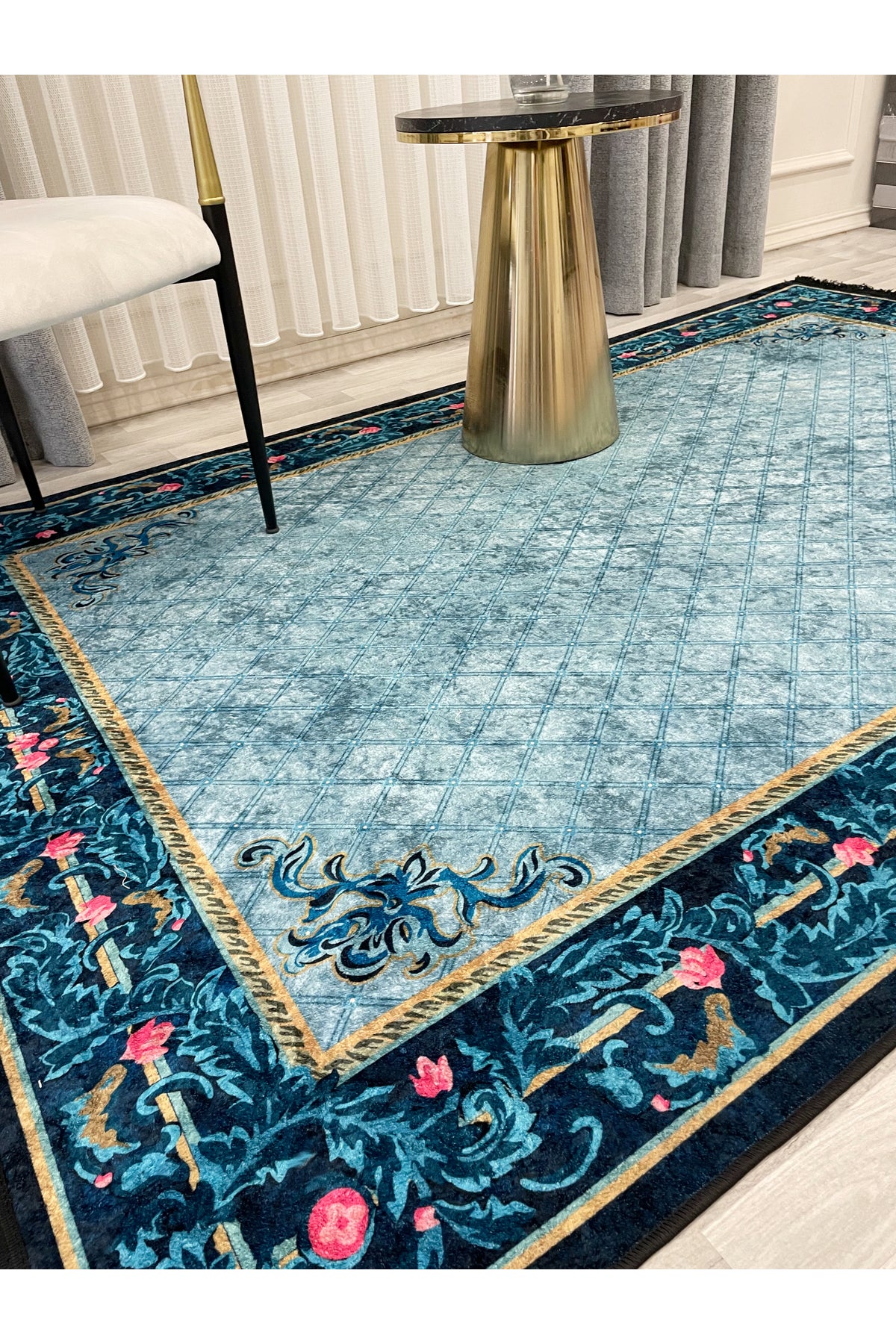 Floral Bordered Navy Blue Latex Leather-Backed Rug