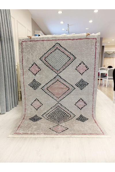 Beige - Powder Pink Ethnic Pattern Latex Non-Slip Base Rug