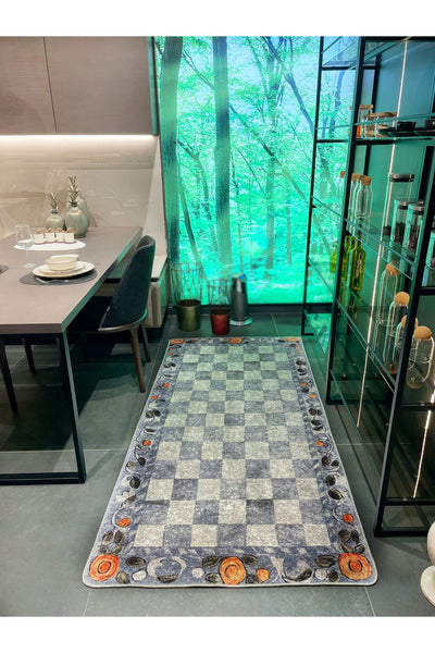 Beige Orange Checkered Pattern Non-Slip Base Kitchen Rug