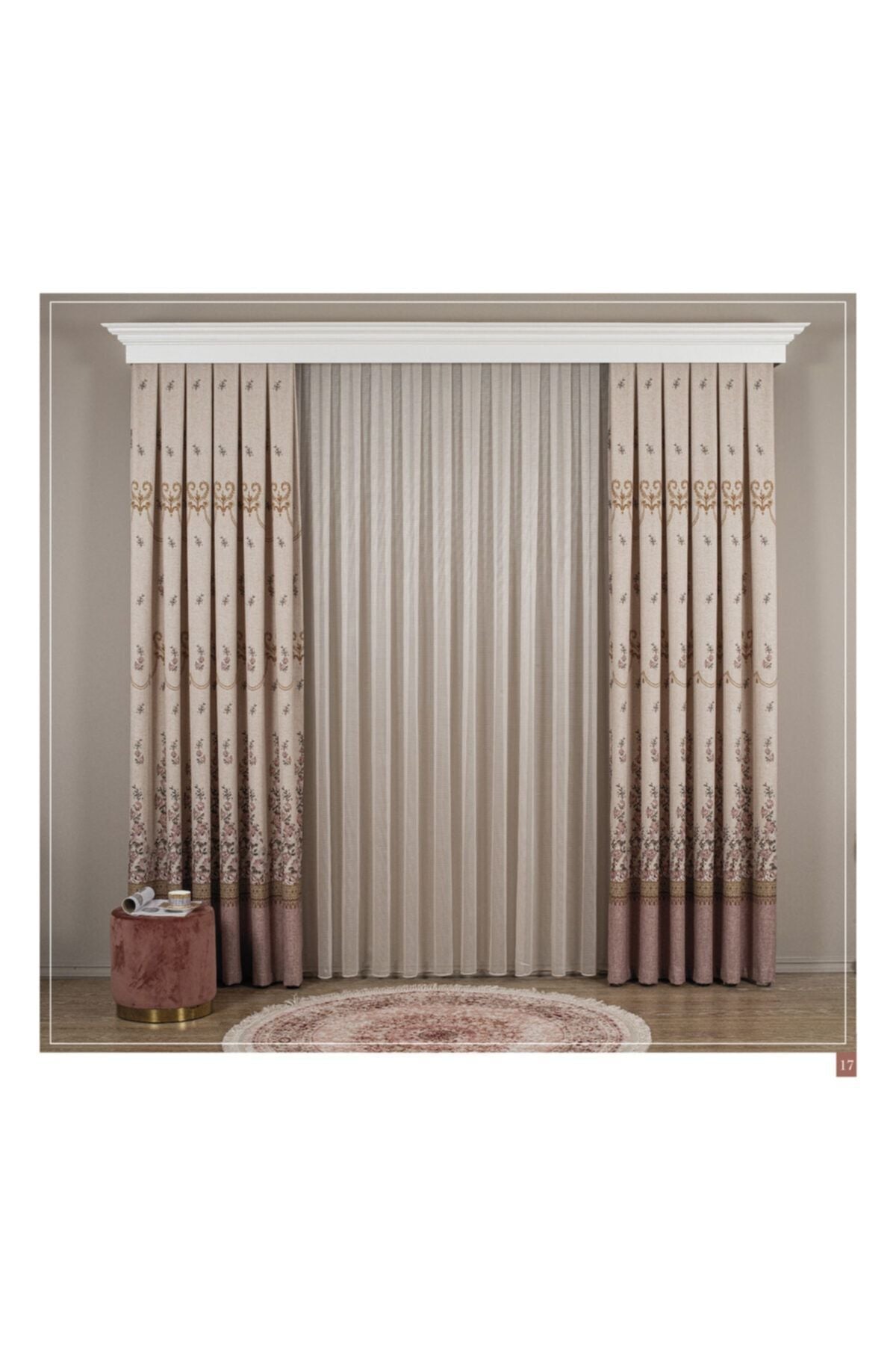 Country Collection 1/3 Dense Pleated Natural Linen Floral Blackout Curtain