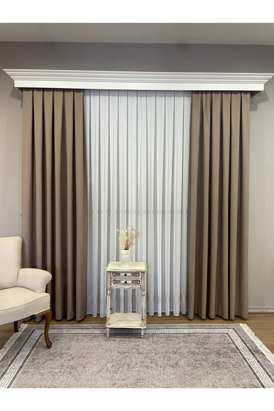 Linen-Look Banded 1/3 Dense Pleated - Ecru/Grey Sheer Curtain