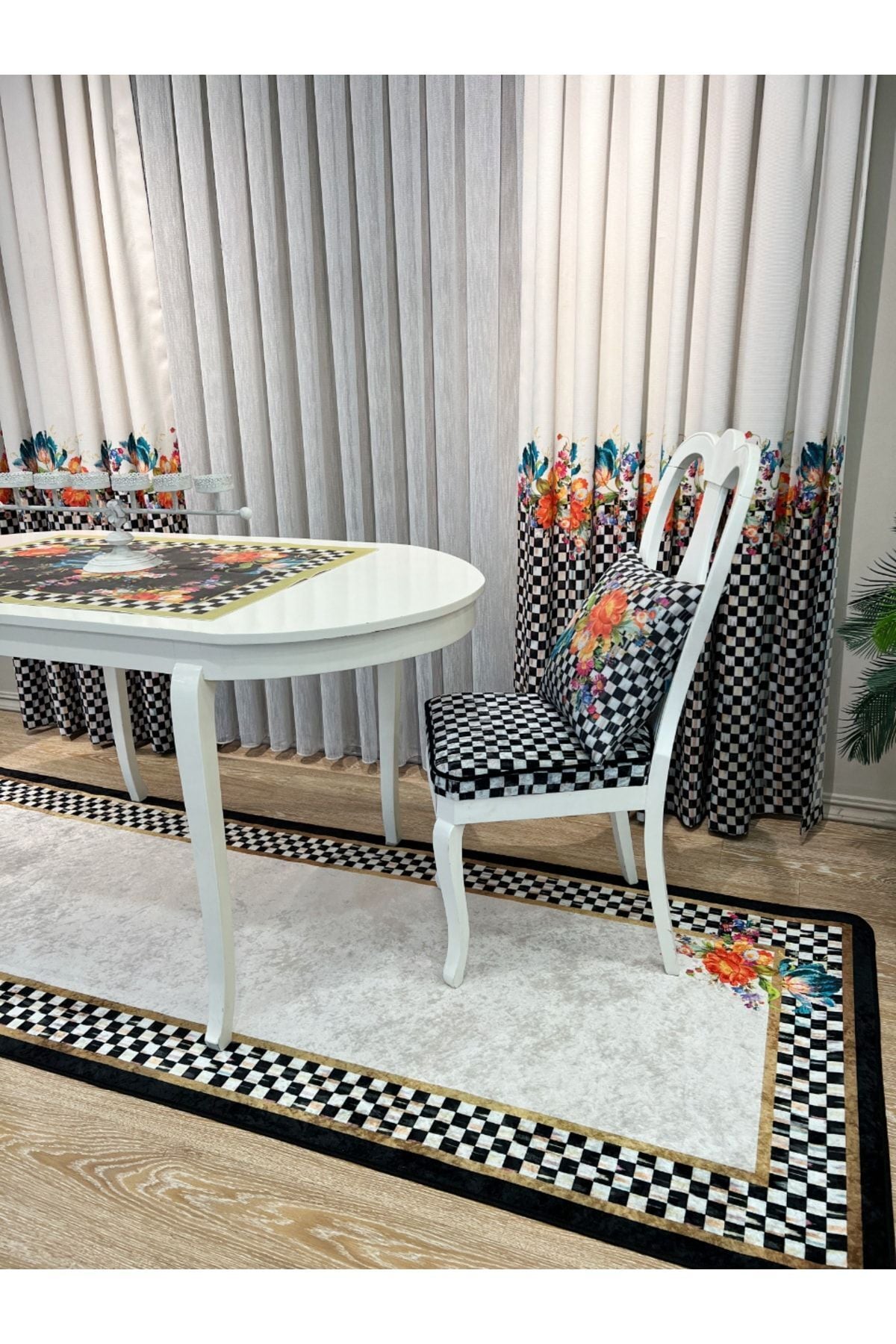 1/3 Dense Pleated Checkered Floral Curtain Panel - Beige-Black