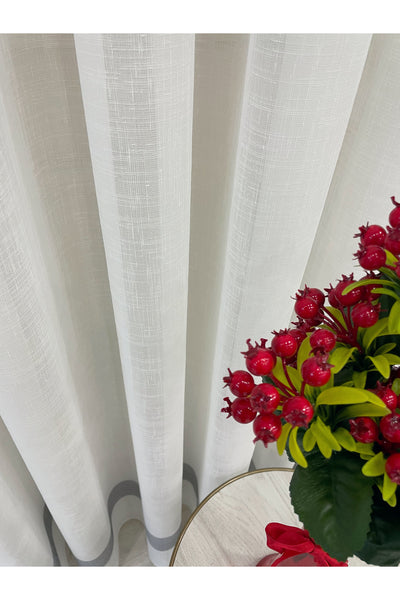 Linen-Look Banded 1/3 Dense Pleated - Ecru/Grey Sheer Curtain