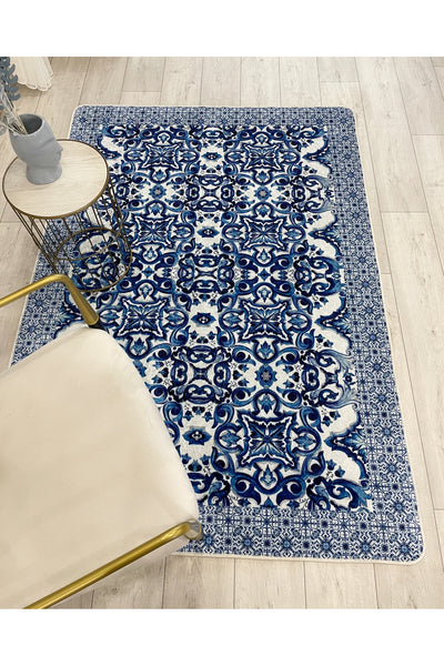 Navy Blue-Gray Blue Blanc Modern Latex Non-Slip Base Rug
