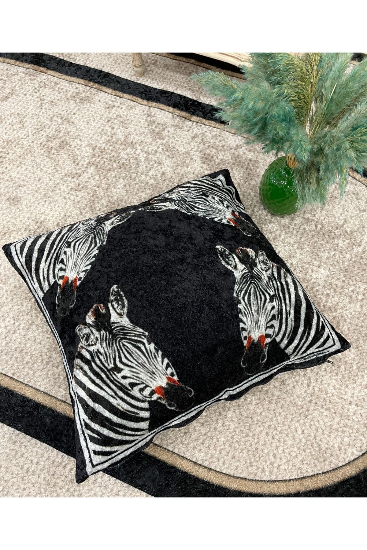 Velvet Horse Patterned Cushion Cover (BLACK) 45x45