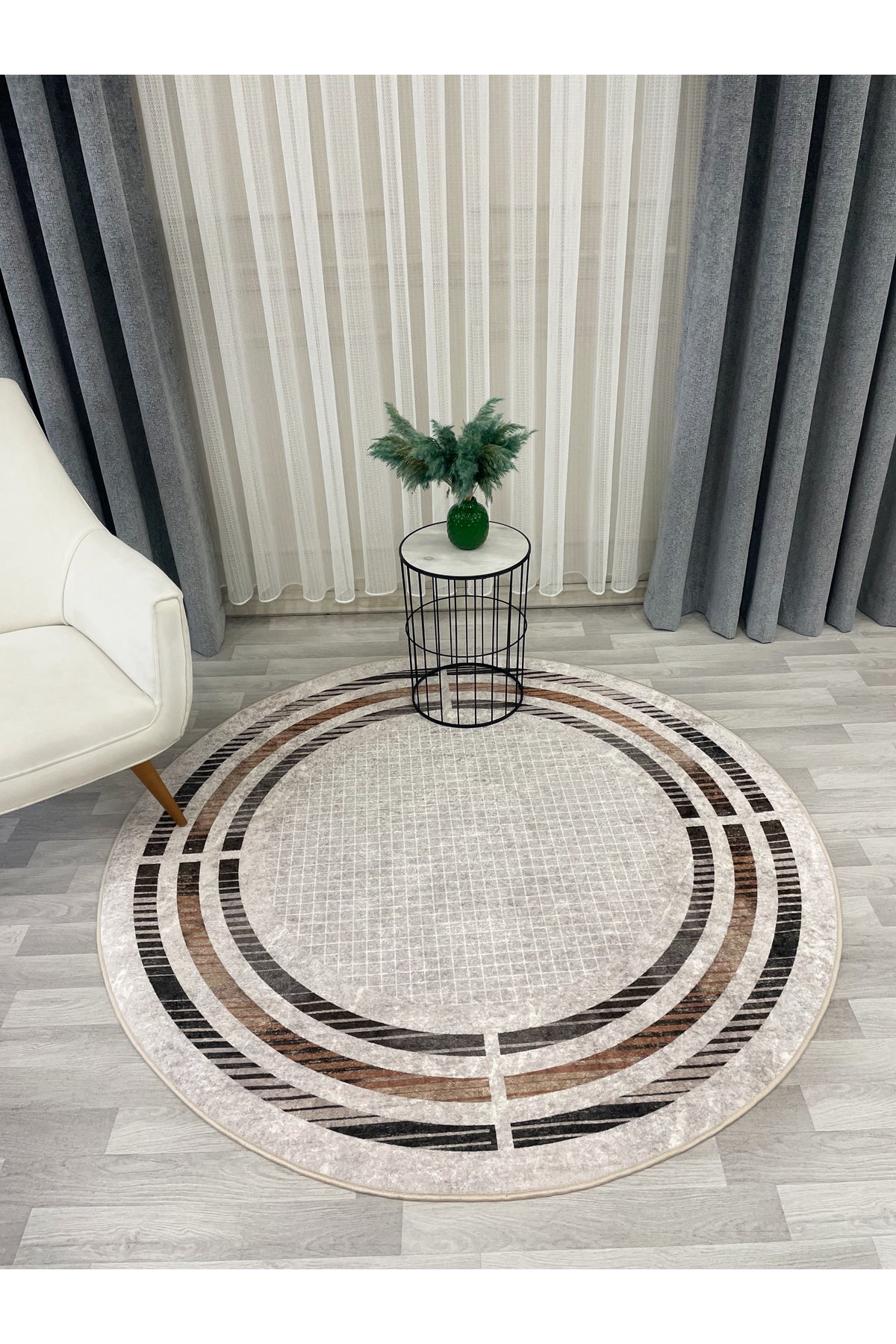 BEIGE Striped Bordered Non-Slip Base Framed Rug