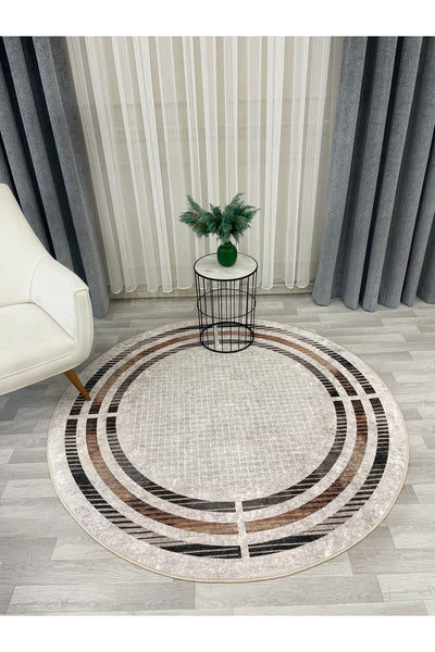 BEIGE Striped Bordered Non-Slip Base Framed Rug