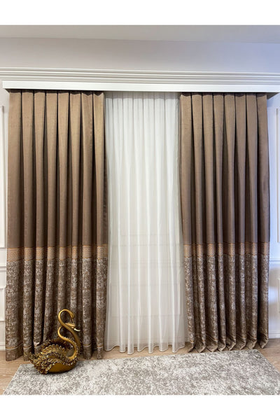 Gray Anthracite Bordered Pattern 1/3 Tight Pleat Jacquard Woven Blackout Curtain